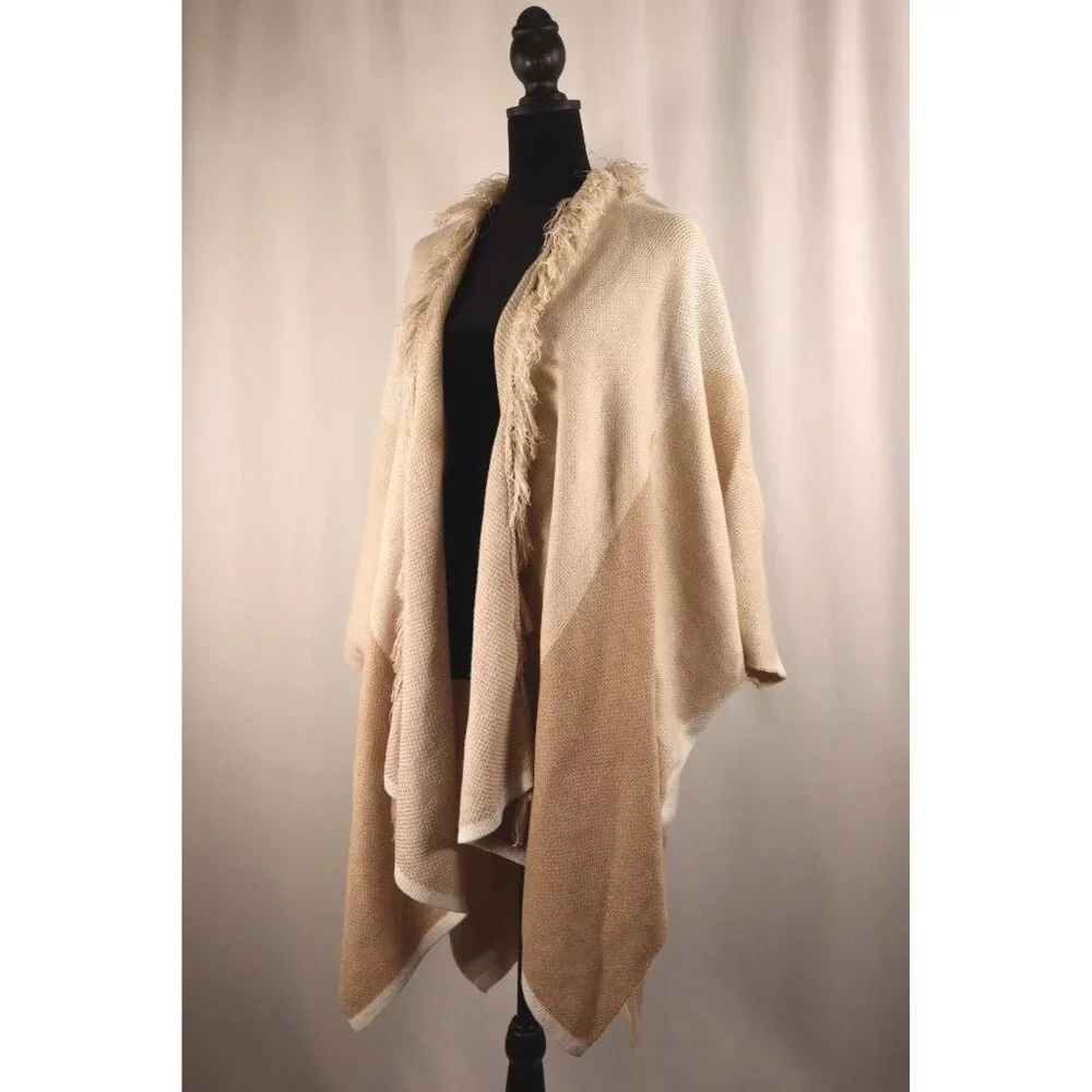 C Cozy Beige Color Block Open Front Poncho with Fringe Detail Size Large - Picture 3 of 14